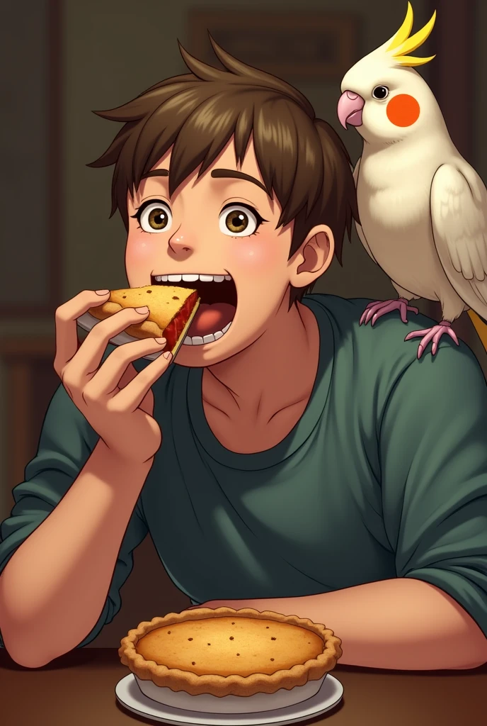A eating kinda licking pie in his mouth and a cockatiel is sitting on his shoulder