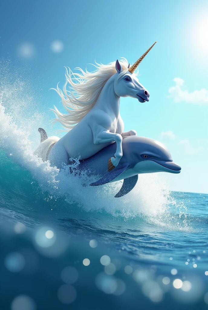 Unicorn ride a dolphin on the sea wave