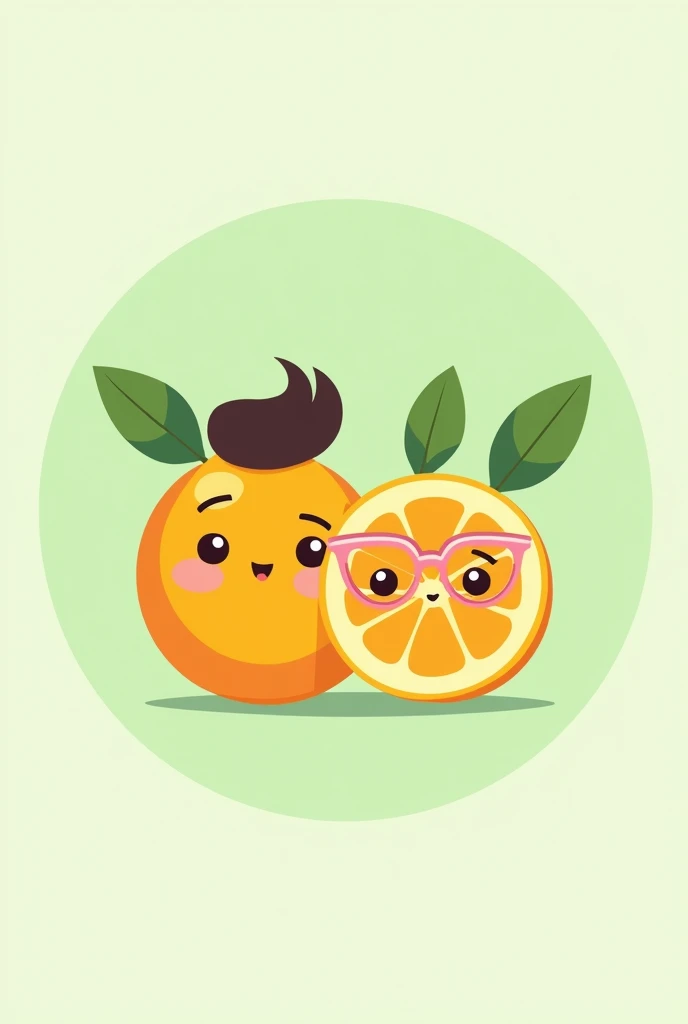 On a light green circular background with fruit leaves. With a minimalist style for logo Draw 2 half oranges. Each Half must be animated with an identity, The first one should be male with a pompadour hairstyle and the other female with pink glasses