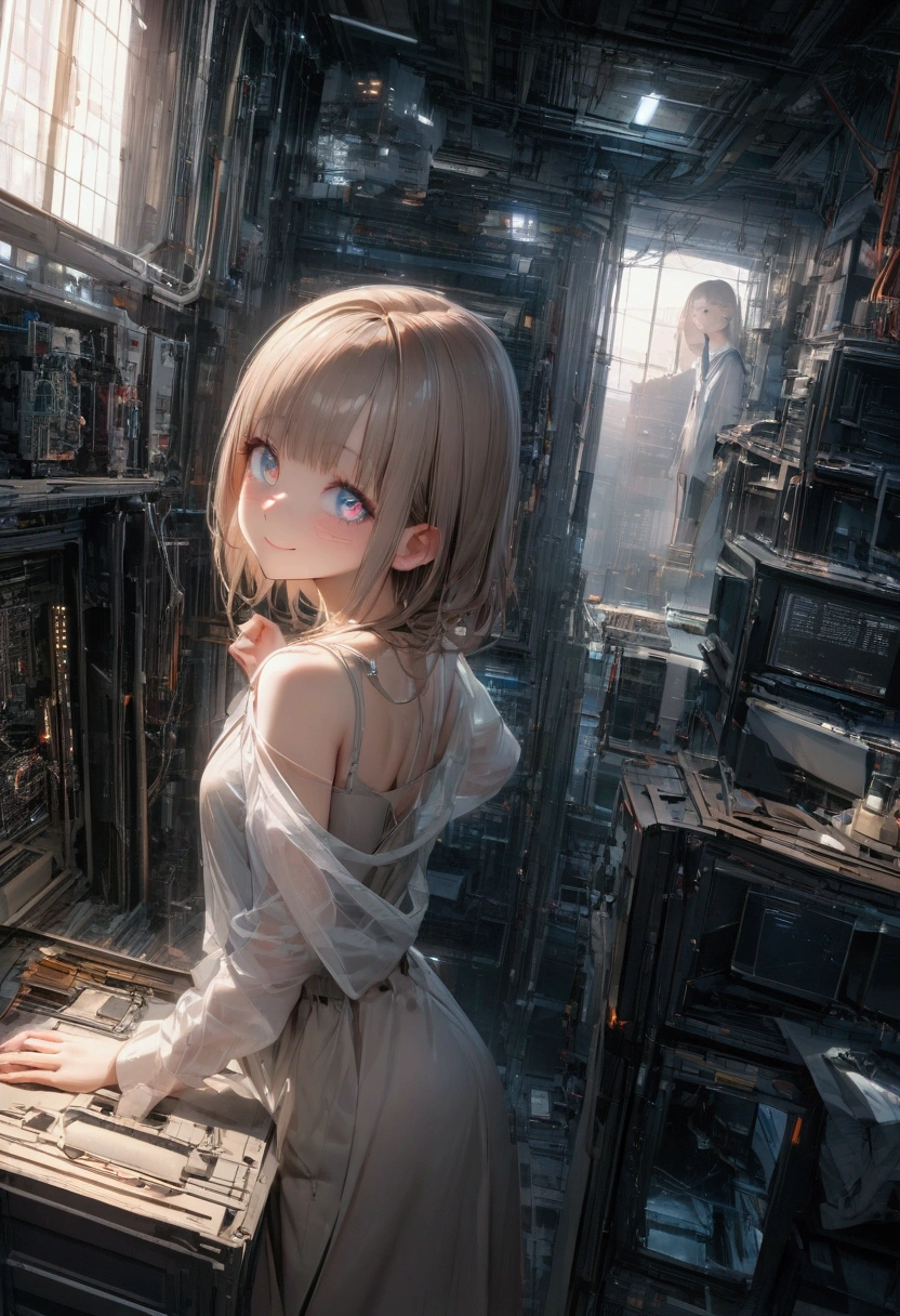 (whole body:1) A young girl, Smart casual, Hacker&#39;s server room, Delicate face, ((very cool expression)), (Straight short thin bangs:1.2), Ultra-detailed photos, (Reality), (Intricate details:1),(masterpiece :1), (best quality:1), Ultra-high resolution, (Delicate eyes), (Detailed facial features), HDR, 8K resolution, (lens flare:0.5), Light from afar, (Smile, joy) 