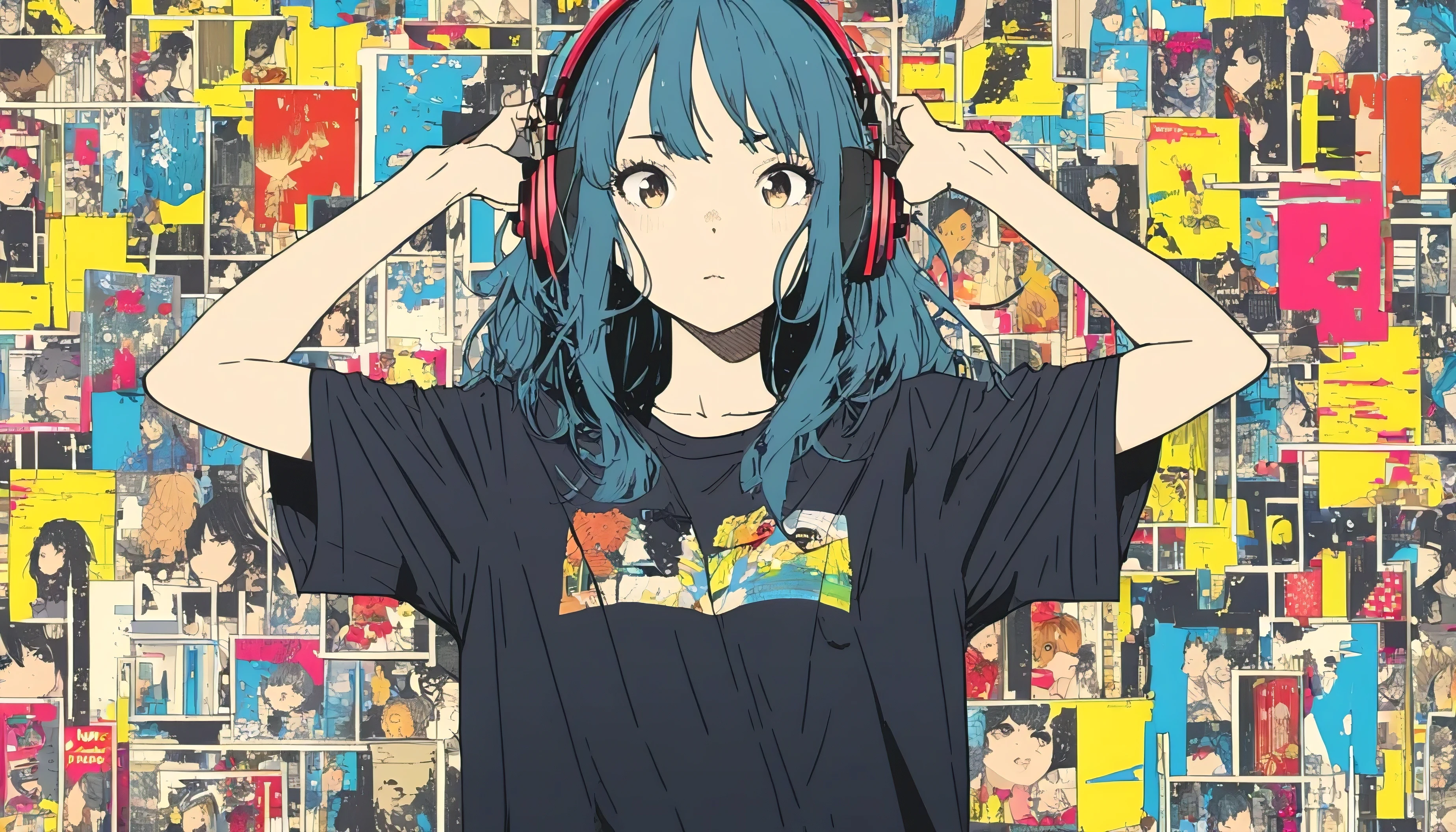 Extremely detailed 8K CG, Very detailed:1.3, Very delicate and detailed face:1.3, (Absurd, texture, masterpiece), Long hair,Pop Art, pixiv Contest Winner, by Posuka Demizu, With Kawaramachi as a background,Dynamic cartoon style illustrations,Over T-shirt.headphone,Hair color is black