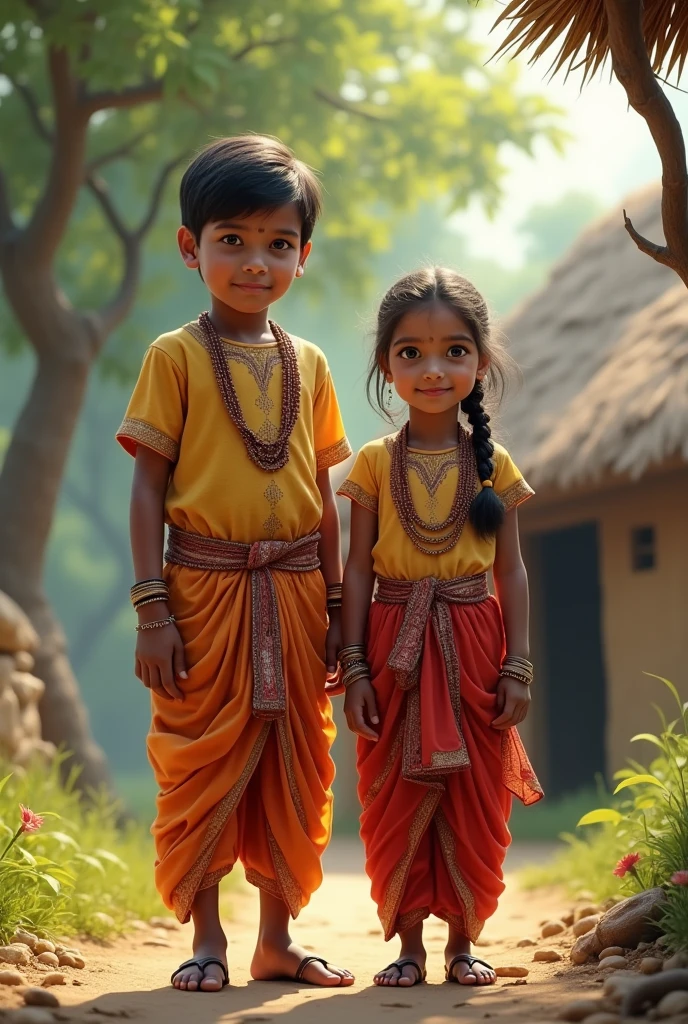 A  village and hut and trees and a boy and a girl in Indian village costumes , size :9 boy is elder than girl