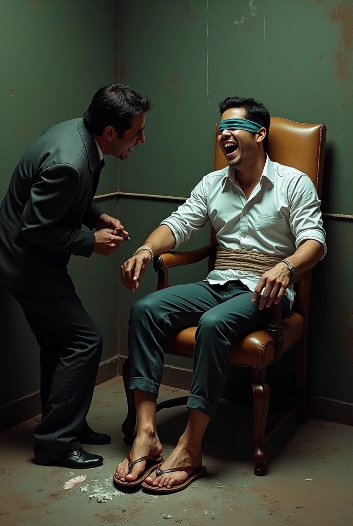There is a handsome young Malay businessman from Malaysia named Haqiem hands,legs with red socks tied with ropes to the chair and eyes covered with cloth The kidnapper remove Haqiems shoes and tickled tourture Haqiems soles with chicken feathers Haqiem laughed uncontrollably because his soles were being tickled by feather duster