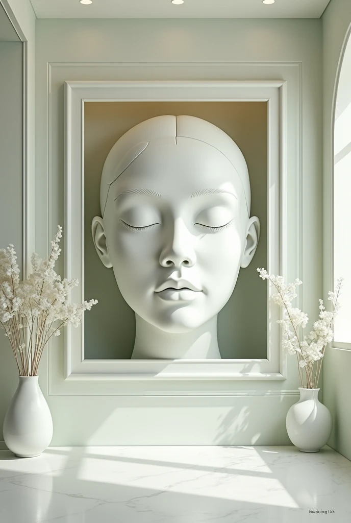 Interior design of a beauty clinic with a plaster frame of a face undergoing a beauty procedure, A clinic in white and light green , with some white plants, a very elegant clinic, sophisticated and modern 