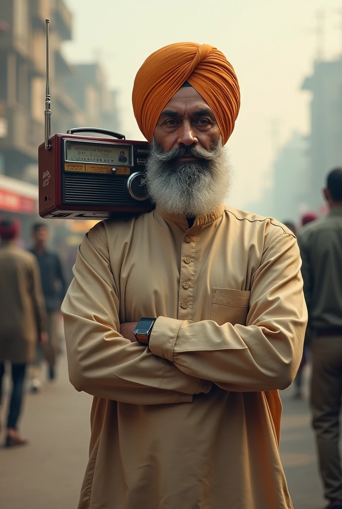 Radio in shoulder Sikh man
