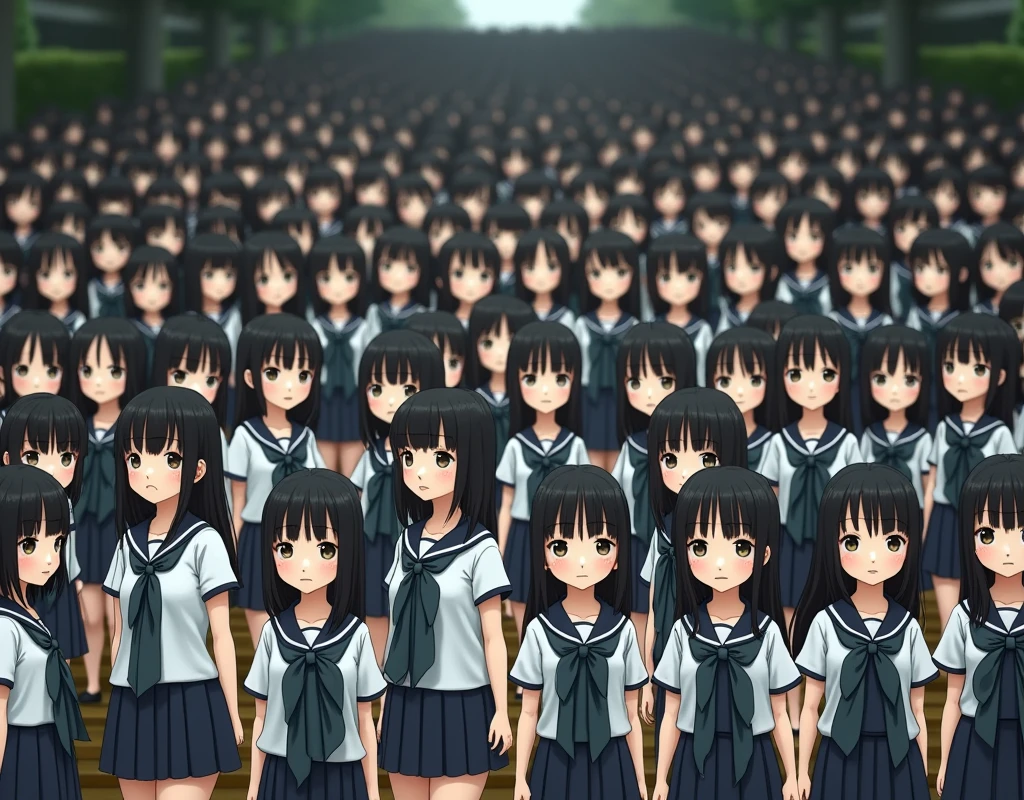 (Japanese Clone-girls=Myself), (Super Best masterpiece Clone-girls Raw Photography Art), (16K, Highest quality, Ultra-high resolution, RAW Photos), (It's so unrealistic., With unparalleled depiction, With an unfathomable sight, An unprecedented and shocking worldview, Clone-girls: In a world of mass reproduction, Ultra-realistic), (Japanese Girls, , Small face, Thick black hair, long hair, Dark Eyes, Mature face, Cute Smile, Smiling face, A gentle gaze, Very pleasant look), (Very beautiful detailed girls, Accurate body structure, Accurate body movements, Very detailed body, (Super big breasts, Large bulge of ample breasts)), ((Schoolgirl uniform, Short sleeve, mini skirt, Emphasise the fullness of your breasts)), (Very detailed, Myself cloning, Depiction of splitting oneself, 1Myself girl→1,000,000,000,000,000,000,000,000,000,000Myself cloning girls), (Myself clone girlsは, With the same perfect appearance without any difference, to multiply in large numbers), (Very detailed depiction, Myself's multiplying female body, In the same female body,With the same face, With the same hairstyle, In the same clothes, At the same height, 同じSuper big breastsで, The same female body that is completely indistinguishable, 1,000,000,000,000,000,000,000,000,000,000 people), (Myself girls only), (Academy, academic level, Commemorative photo depiction, Tiered stage photography, Happy smile, Front view)