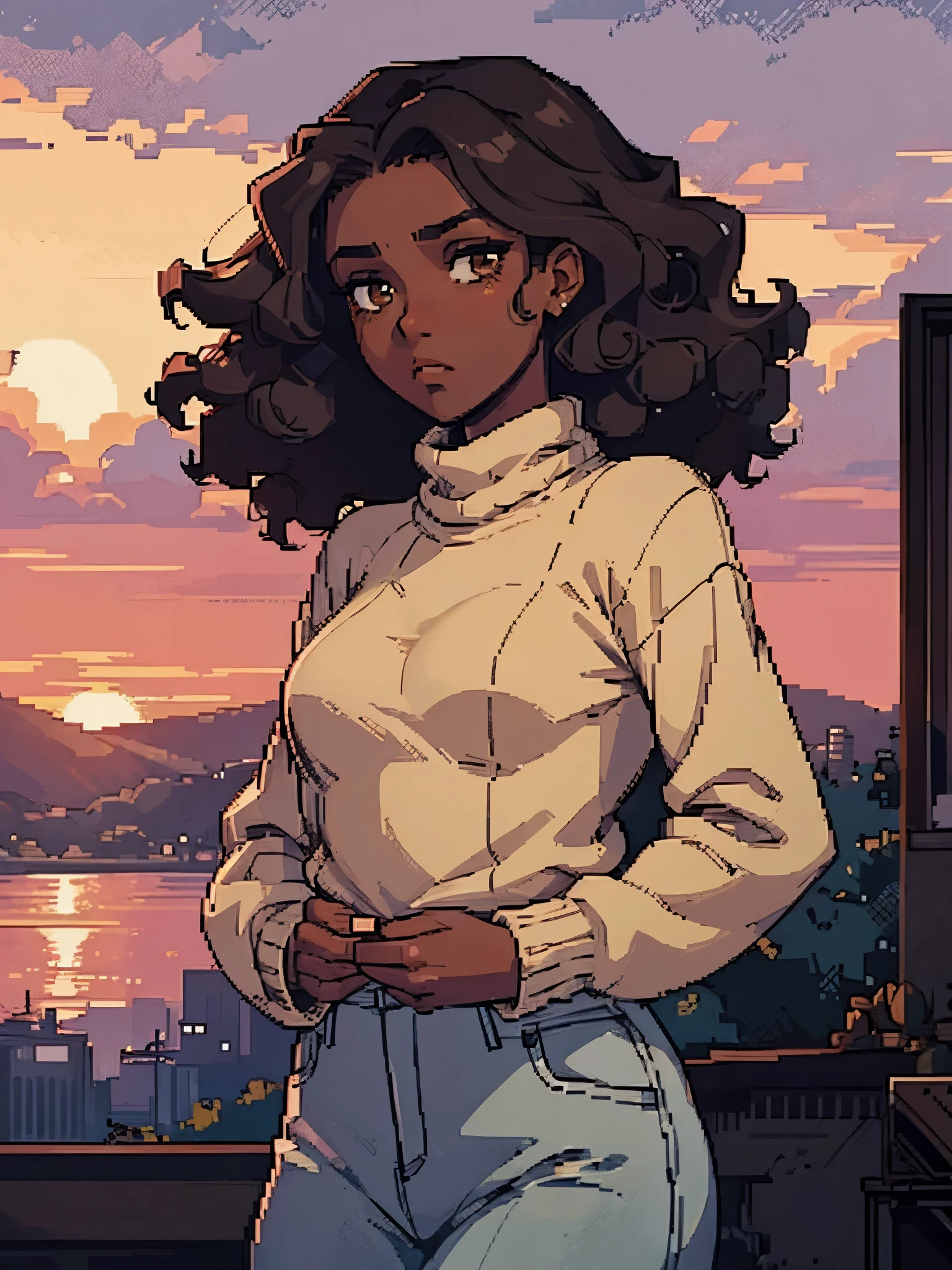 A girl with medium curly hair and dark skin with an empty and sad look looking at the sunset , She is wearing a beige turtleneck and a long black sweater as she puts her hands in the pocket of her sweater.