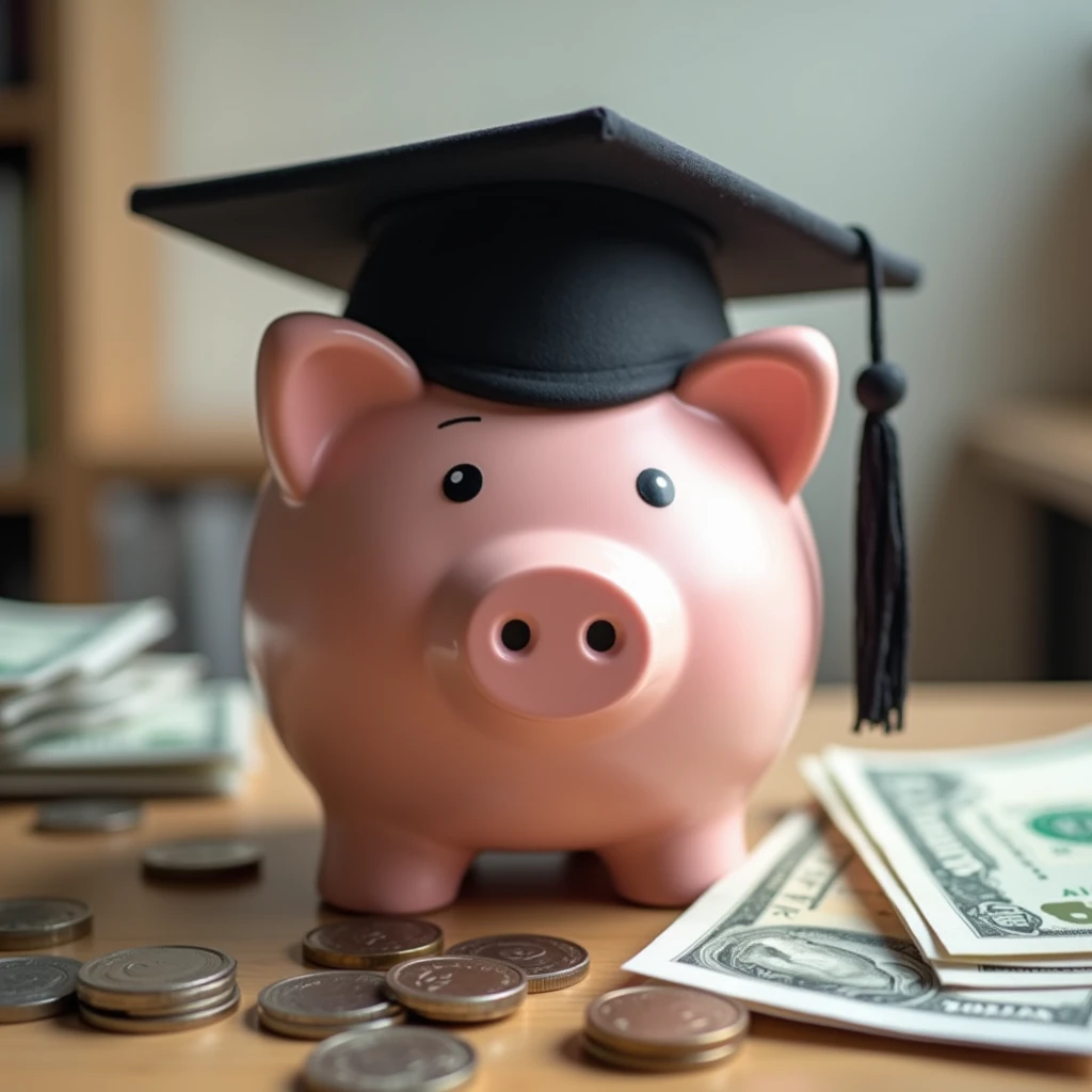 A cute piggy bank dressed in a student cap is surrounded by several coins and banknotes, placed on a desk with a campus background.