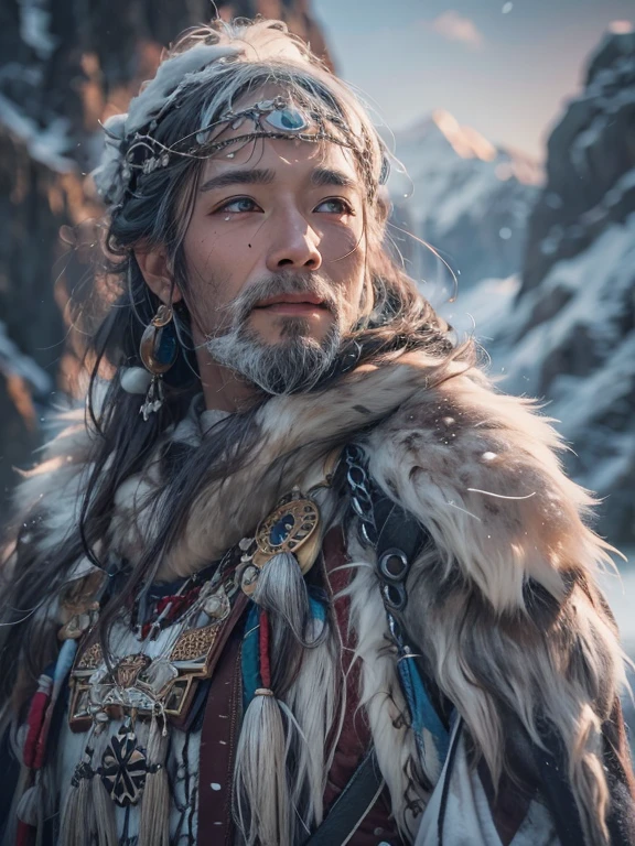 Hiding in the snowy mountains、Hair Flow、 ((Highest quality、masterpiece、8k、Best image quality、Ultra-high resolution、Award-winning works)、(Accurate anatomy:1.1)、(Look at me and smile:1.1)、Shining fair skin with Ultra-high resolution、The most detailed face、Ultra-high resolution detailed face、Ultra-high resolutionの髪の毛、(Ultra-high resolutionの煌めく瞳:1.1)、Beautiful face drawn in every detail、(Blurred Background:1.1)、Ancient Inuit clothing, Chest to chest, tattoo, Old ruins in the background、he'that'big, You have a real hawk on your shoulder..