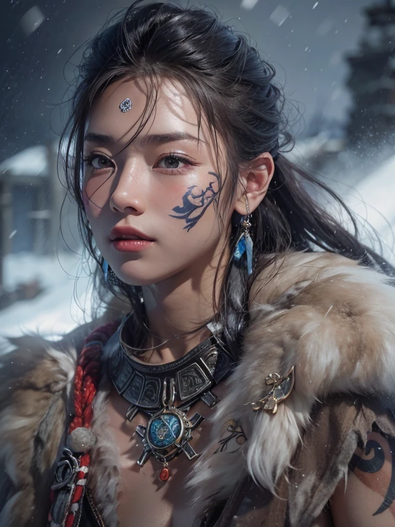 Hiding in the snowy mountains、Hair Flow、 ((Highest quality、masterpiece、8k、Best image quality、Ultra-high resolution、Award-winning works)、(Accurate anatomy:1.1)、(Look at me and smile:1.1)、Shining fair skin with Ultra-high resolution、The most detailed face、Ultra-high resolution detailed face、Ultra-high resolutionの髪の毛、(Ultra-high resolutionの煌めく瞳:1.1)、Beautiful face drawn in every detail、(Blurred Background:1.1)、Ancient Inuit clothing, Chest to chest, tattoo, Old ruins in the background、he'that'big, You have a real hawk on your shoulder..