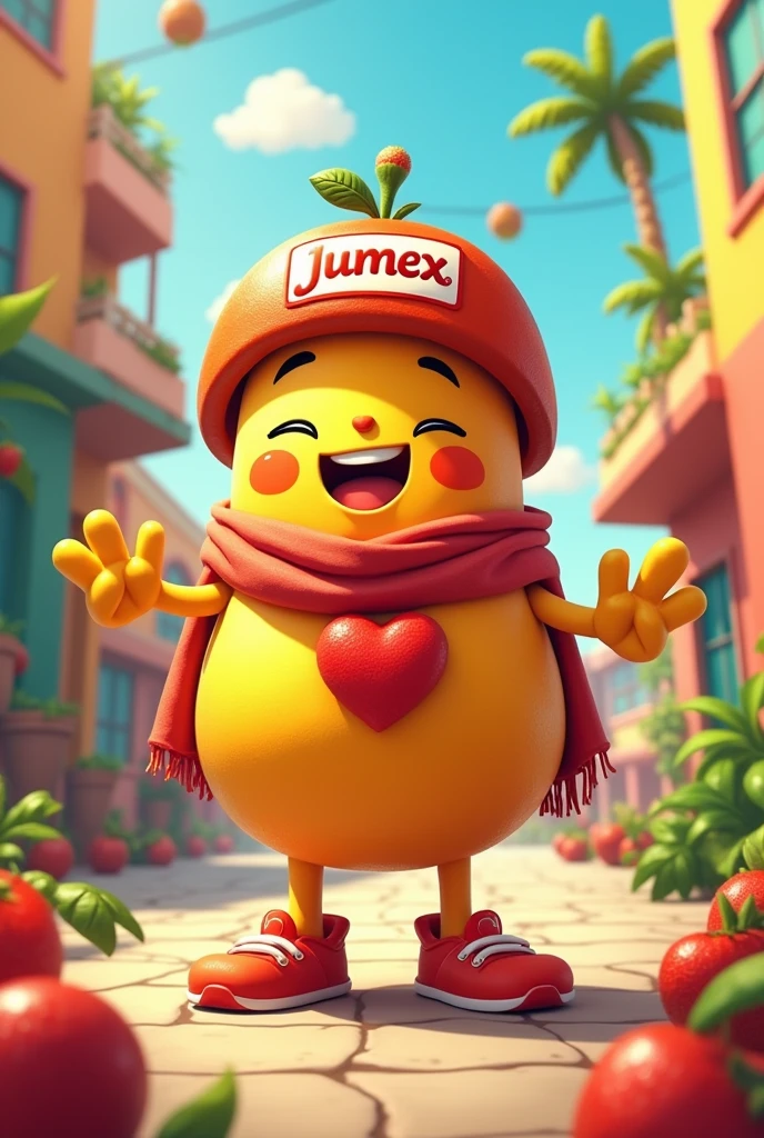 Give me a character with a head, hands, pies, heart, Clothing and accessories that represent the Jumex company 