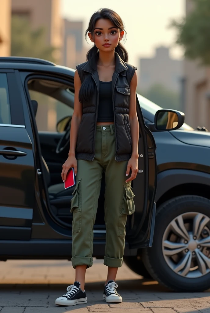 Une fille algérienne de peau marron de 20 ans 
1m de taille au cheveux noirs queue de cheval courteet cargo vert militaire, converse noire et pas de blanc non mantantes, gilet noir avec un iphone 6 rouge dans sa main sort d'une hyundai creta noire 2018 de devant.
Je precise une IPHONE 6