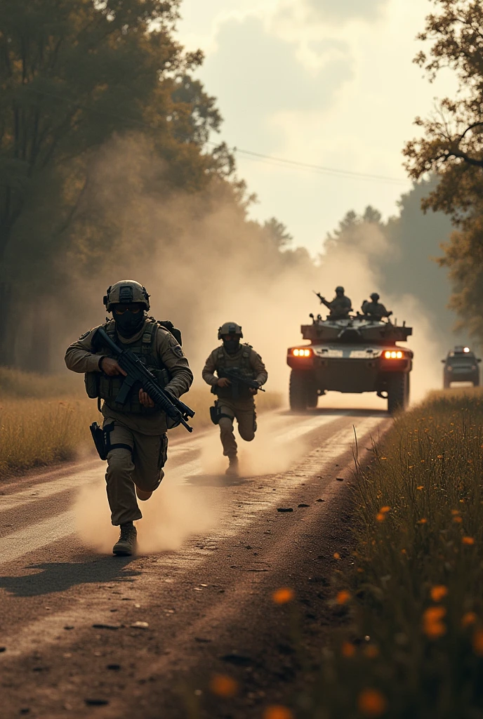 firing cobra is on the road and soldier lorry was stopped and soldiers were running here and there holding the guns full hd realistic