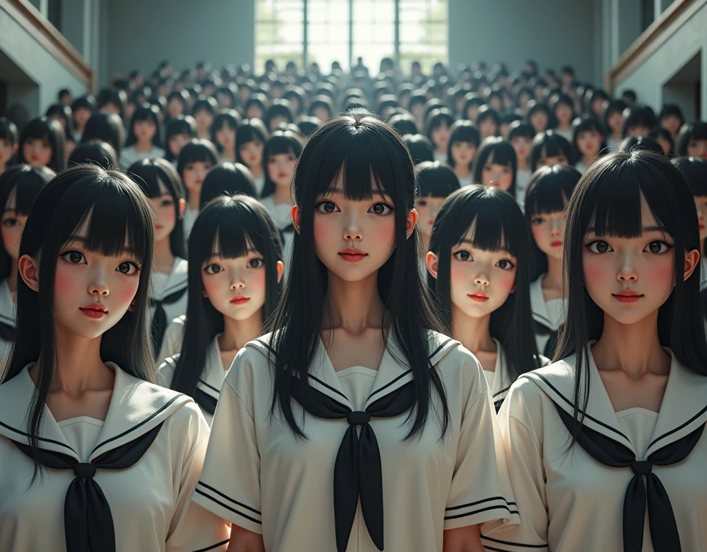 (Japanese Clone-girls=Myself), (Super Best masterpiece Clone-girls Raw Photography Art), (16K, Highest quality, Ultra-high resolution, RAW Photos), (It&#39;s so unrealistic., With unparalleled depiction, With an unfathomable sight, An unprecedented and shocking worldview, Clone-girls: In a world of mass reproduction, Ultra-realistic), (Japanese Girls, 16yo, Small face, Thick black hair, long hair, Dark Eyes, Mature face, Cute Smile, Smiling face, A gentle gaze, Very pleasant look), (Very beautiful detailed girls, Accurate body structure, Accurate body movements, Very detailed body, (Super big breasts, Large bulge of ample breasts)), ((Schoolgirl uniform, Short sleeve, mini skirt, Emphasise the fullness of your breasts)), (Very detailed, Myself cloning, Depiction of splitting oneself, 1Myself girl→1,000,000,000,000,000,000,000,000,000,000Myself cloning girls), (Myself clone girlsは, With the same perfect appearance without any difference, to multiply in large numbers), (Very detailed depiction, Myself&#39;s multiplying female body, In the same female body,With the same face, With the same hairstyle, In the same clothes, At the same height, 同じSuper big breastsで, The same female body that is completely indistinguishable, 1,000,000,000,000,000,000,000,000,000,000 people), (Myself girls only), (Academy, academic level, Commemorative photo depiction, Tiered stage photography, Happy smile, Front view)