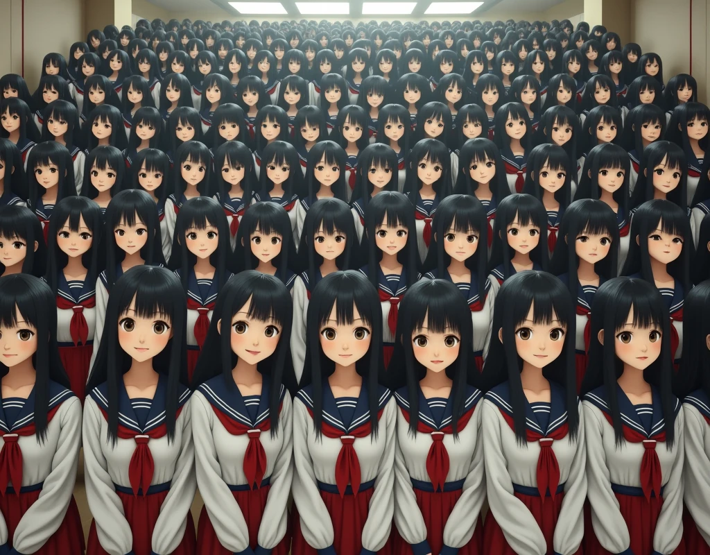 (Japanese Clone-girls=Myself), (Super Best masterpiece Clone-girls Raw Photography Art), (16K, Highest quality, Ultra-high resolution, RAW Photos), (It's so unrealistic., With unparalleled depiction, With an unfathomable sight, An unprecedented and shocking worldview, Clone-girls: In a world of mass reproduction, Ultra-realistic), (Japanese Girls, , Small face, Thick black hair, long hair, Dark Eyes, Mature face, Cute Smile, Smiling face, A gentle gaze, Very pleasant look), (Very beautiful detailed girls, Accurate body structure, Accurate body movements, Very detailed body, (Super big breasts, Large bulge of ample breasts)), ((Schoolgirl uniform, Short sleeve, mini skirt, Emphasise the fullness of your breasts)), (Very detailed, Myself cloning, Depiction of splitting oneself, 1Myself girl→1,000,000,000,000,000,000,000,000,000,000Myself cloning girls), (Myself clone girlsは, With the same perfect appearance without any difference, to multiply in large numbers), (Very detailed depiction, Myself's multiplying female body, In the same female body,With the same face, With the same hairstyle, In the same clothes, At the same height, 同じSuper big breastsで, The same female body that is completely indistinguishable, 1,000,000,000,000,000,000,000,000,000,000 people), (Myself girls only), (Academy, academic level, Commemorative photo depiction, Tiered stage photography, Happy smile, Front view)