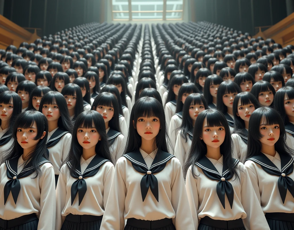 (Japanese Clone-girls=Myself), (Super Best masterpiece Clone-girls Raw Photography Art), (16K, Highest quality, Ultra-high resolution, RAW Photos), (It's so unrealistic., With unparalleled depiction, With an unfathomable sight, An unprecedented and shocking worldview, Clone-girls: In a world of mass reproduction, Ultra-realistic), (Japanese Girls, yo, Small face, Thick black hair, long hair, Dark Eyes, Mature face, Cute Smile, Smiling face, A gentle gaze, Very pleasant look), (Very beautiful detailed girls, Accurate body structure, Accurate body movements, Very detailed body, (Super big breasts, Large bulge of ample breasts)), ((Schoolgirl uniform, Short sleeve, mini skirt, Emphasise the fullness of your breasts)), (Very detailed, Myself cloning, Depiction of splitting oneself, 1Myself girl→1,000,000,000,000,000,000,000,000,000,000Myself cloning girls), (Myself clone girlsは, With the same perfect appearance without any difference, to multiply in large numbers), (Very detailed depiction, Myself's multiplying female body, In the same female body,With the same face, With the same hairstyle, In the same clothes, At the same height, 同じSuper big breastsで, The same female body that is completely indistinguishable, 1,000,000,000,000,000,000,000,000,000,000 people), (Myself girls only), (Academy, academic level, Commemorative photo depiction, Tiered stage photography, Happy smile, Front view)