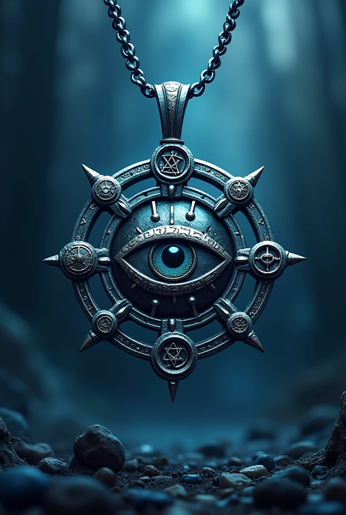 (Photorealism: 1.2), facing forward, suspended, five Wicca amulets, Star of David, Tetragrammaton, Turkish eye, powerful pendant style, deep blue and silver color, mystical