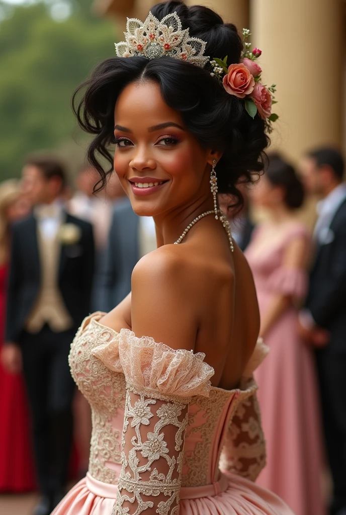 Rihanna as Duchess of "Bridgerton" dressed as a wedding guest