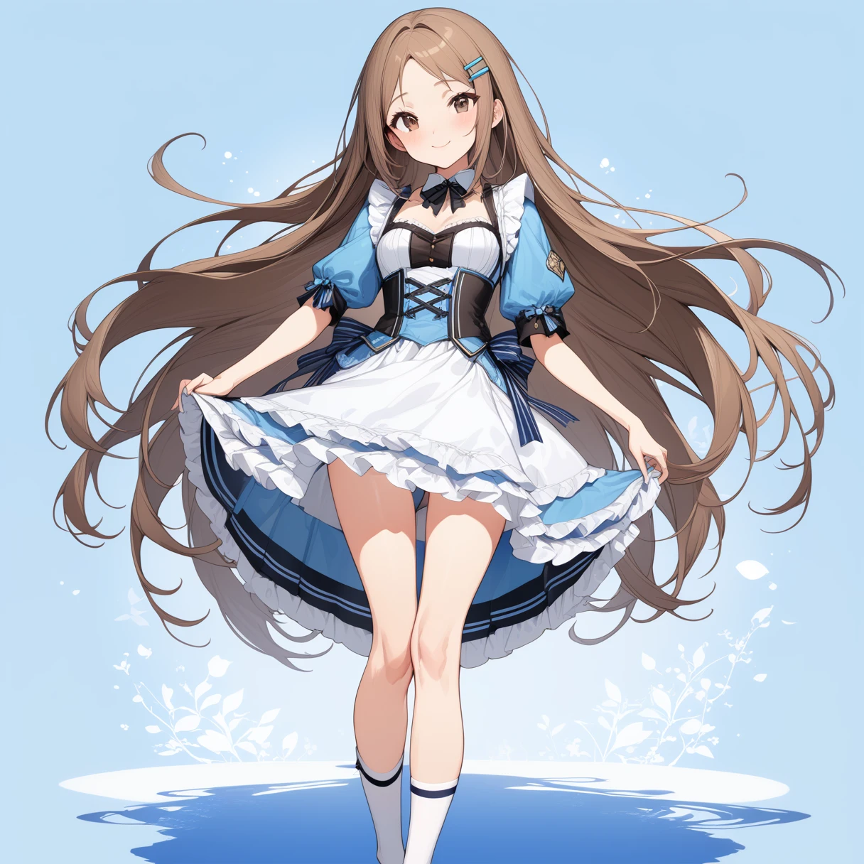 (masterpiece), (Highest quality), High resolution, (Very detailed), (Best illustrations), (Best Shadow), (so beautiful), (very cute), (Absurd),
(Highly detailed face), Perfect limbs, Intricate details顔, Round face shape
(Minase Iori),
Dark brown hair, Long Hair, amount, Hair Clip, Brown eyes, ribbonが付いてるピンクのヘアバンド,
Beautiful breasts, Small breasts, Shyness, smile, Pitiful,
Perfect limbs, Perfect Anatomy, Thin legs, Intricate details, Five perfect fingers, One person, so beautiful, very cute, Big eyes, slender, Tight waist,
Delicate and smooth skin, Beautiful Skin, Textured skin,
sexy, Charm, whole body,
(One person、solo:1.0), Full Shot, panoramic,
Maid clothes, Short skirt, ribbon,
Blue striped underwear, White frilly underwear, 小さいribbonが付いてる下着,
(Skirt Lift:0.5),(Grab your skirt:0.5),
(White knee socks),
(Blue background), (Blue Room), (Blue carpet),
((Head to toe full body view)), ((center)),
stand, Legs slightly apart, View from the front,