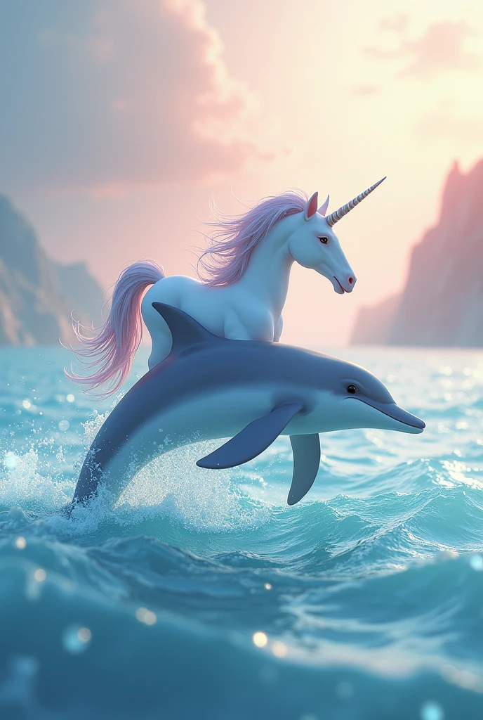 Unicorn ride a dolphin on the pastel sea wave