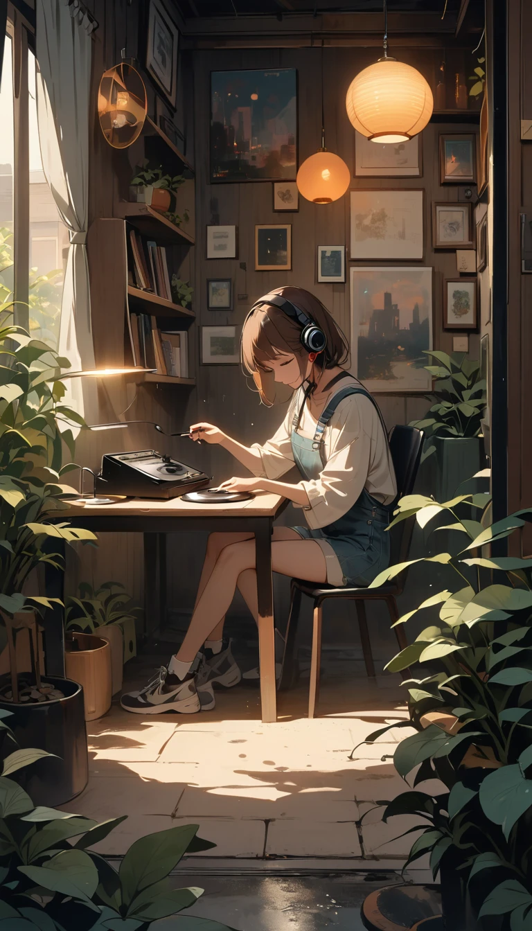 「Quiet street corner at night、Rain-soaked asphalt reflecting soft neon lights。In the window、A record player is playing music in a dimly lit room.。One boyish brown-haired girl、Sitting calmly in a chair。She touches the headphones with one hand.、Listening to pleasant music。By the window、Plants are placed、It creates a relaxed atmosphere。Overall warm colours、Expressing the soothing atmosphere of Lofi music。」