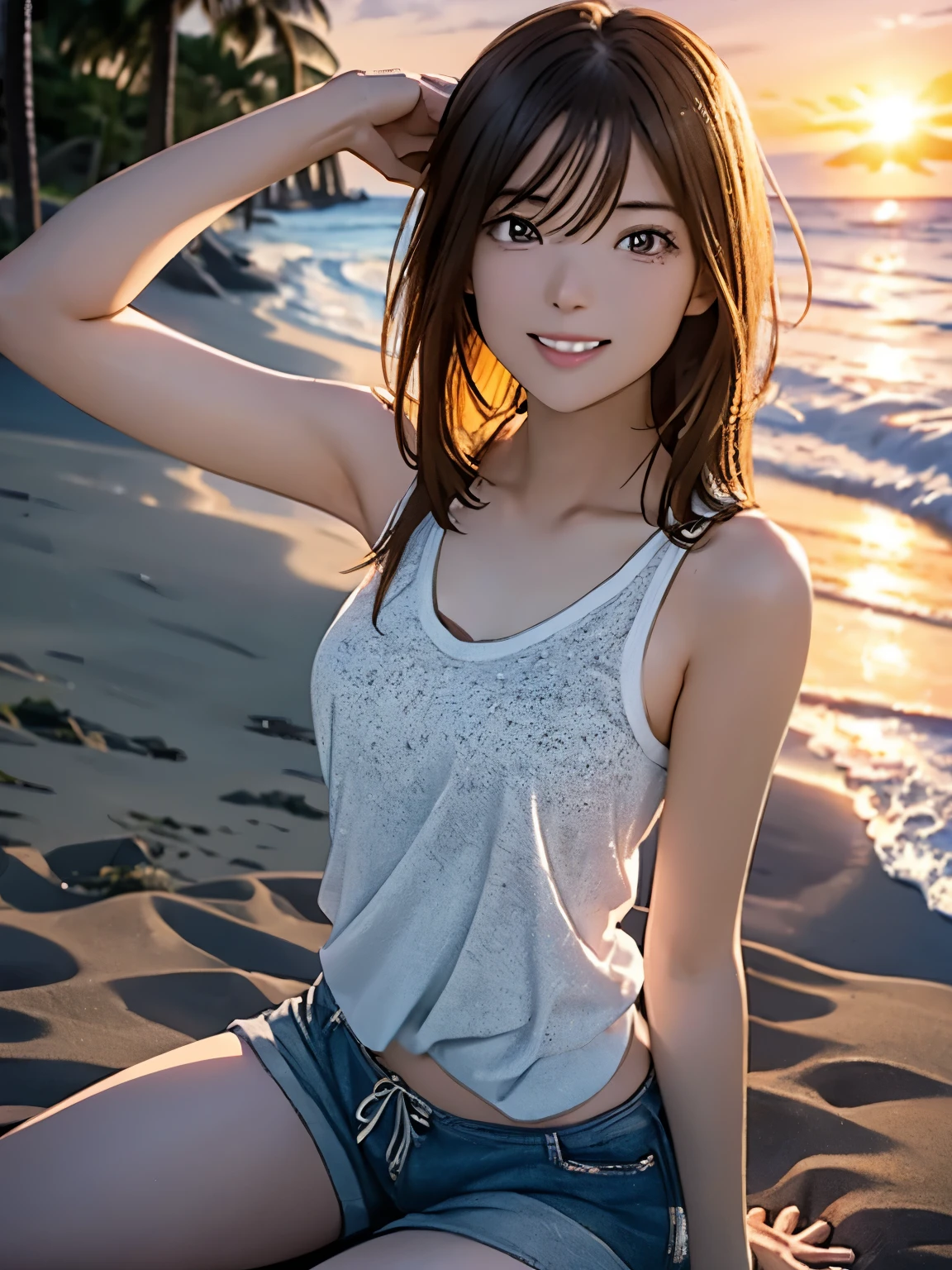 High resolution, 8k, Highest quality, detailed, Semi-realistic anime, Anime 3D Style, Smooth anime CG, One Girl, A 20-year-old Japanese woman, slim, Modeled, Shiny brown hair, detailedな顔, Beautiful and detailed, Glowing Skin, Hard Focus、Film Grain, Soft lighting, Looking at the audience, Laughter, (A woman wearing a casual tank top and shorts), Beach with the sun setting over the ocean、People playing on the edge of the waves々