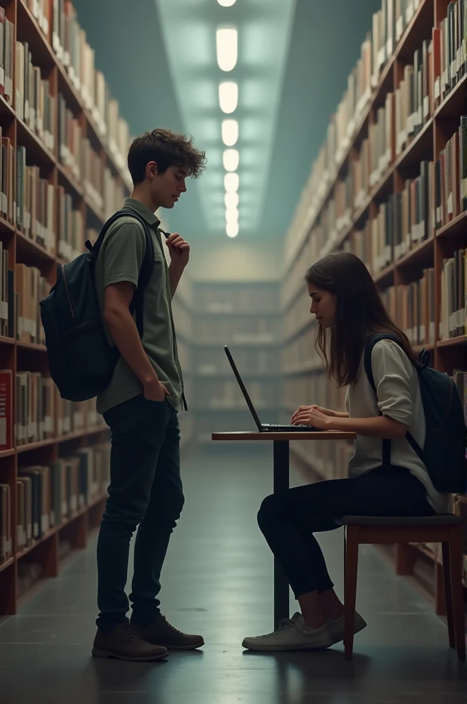 An adult boy is intimated towards his girl friend in a university library
