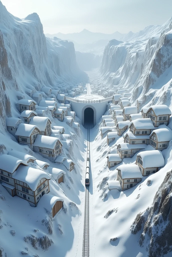 A hundreds of houses and one small tunel for train in huge snowy hole
