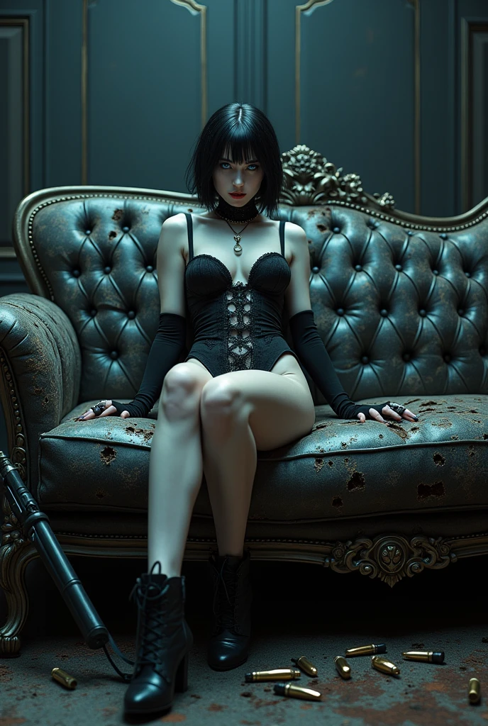 Undead vampire gothic girl with short dark haircut and blue eyes, in lingerie sitting on the couch, It is riddled with machine guns with millions of bullets that make many bullet holes in its impenetrable steel skin., Bullets fall to the ground 