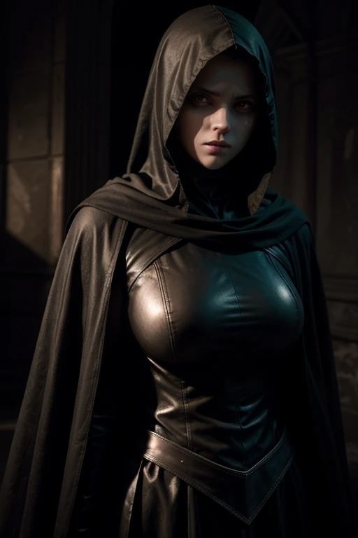 a knight templar woman, dark clothing, shrouded in shadows, glowing red eyes, 8k high quality, hyper realistic, highly detailed, dramatic lighting, cinematic, photorealistic, masterpiece, intricate detail, chiaroscuro, moody, dramatic atmosphere, gothic, dramatic pose