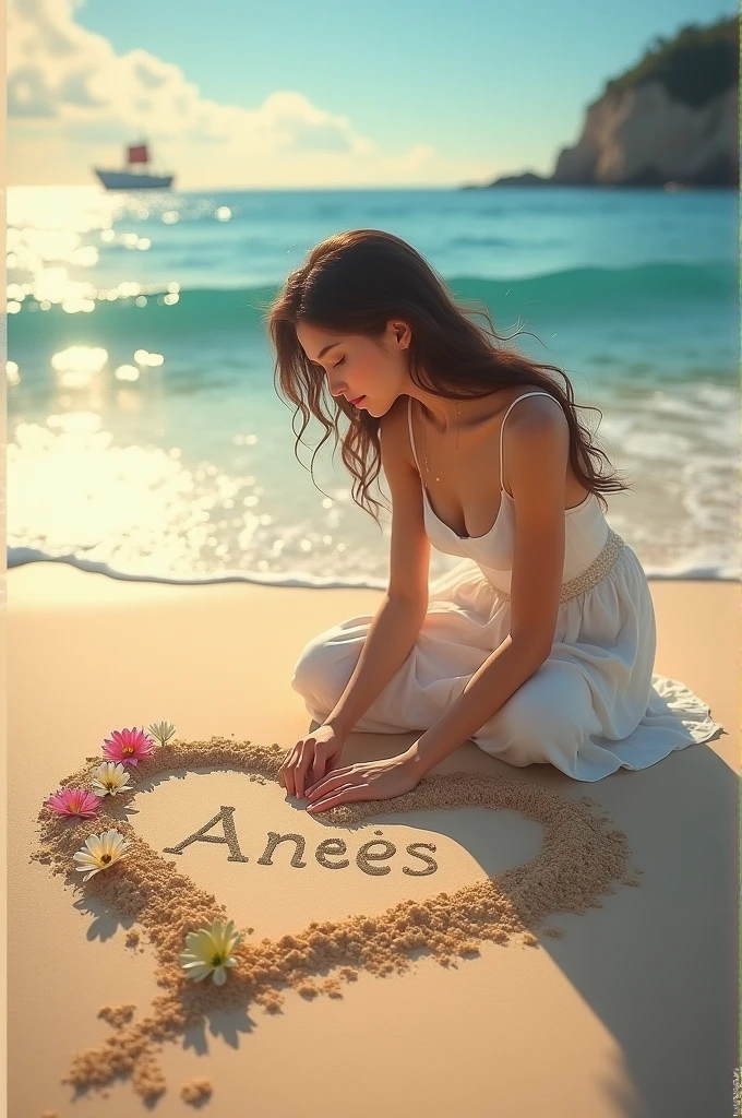 A beautiful girl making a heart is made on the sand by the sea and within this heart is written ANEES and there is a beautiful flower near it sitting on a ship and visible from there.