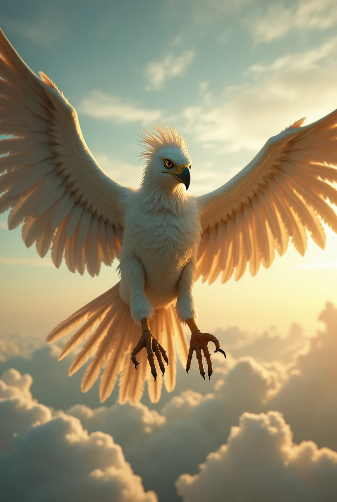 Bird with the head of a human Caucasian man flying through the sky, wings are the hands 
