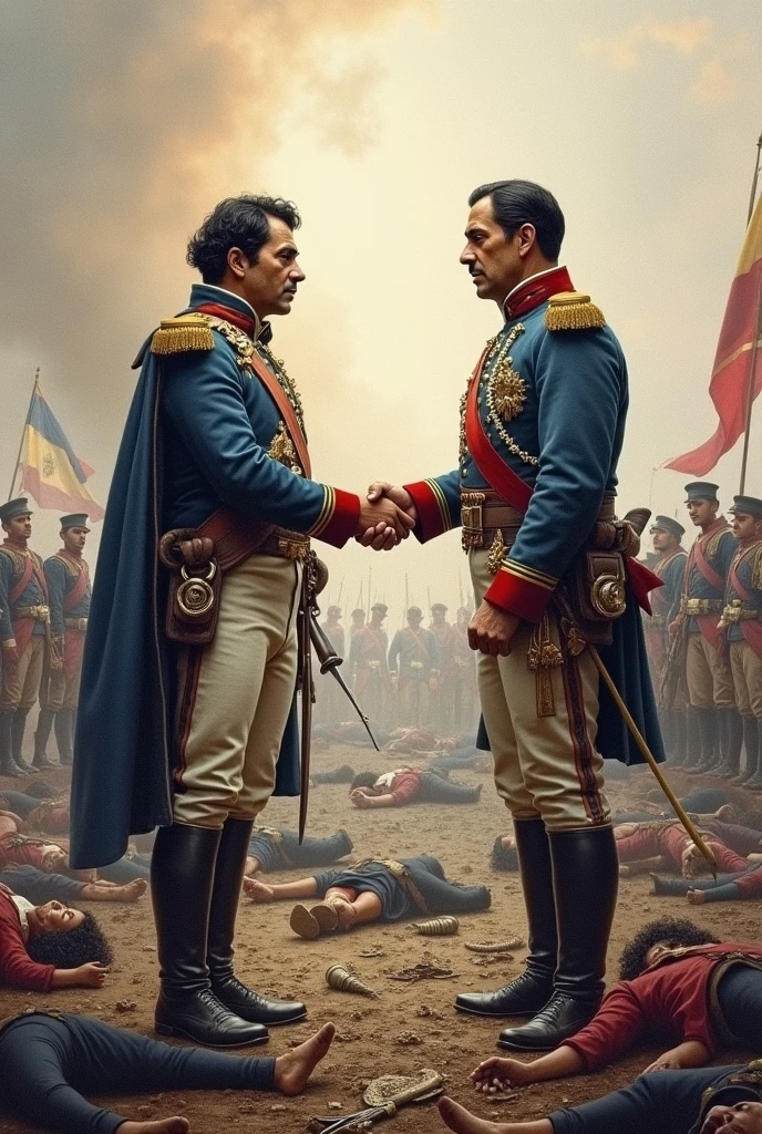 Drawing of Bolivar and Santander shaking hands with dead Spaniards around