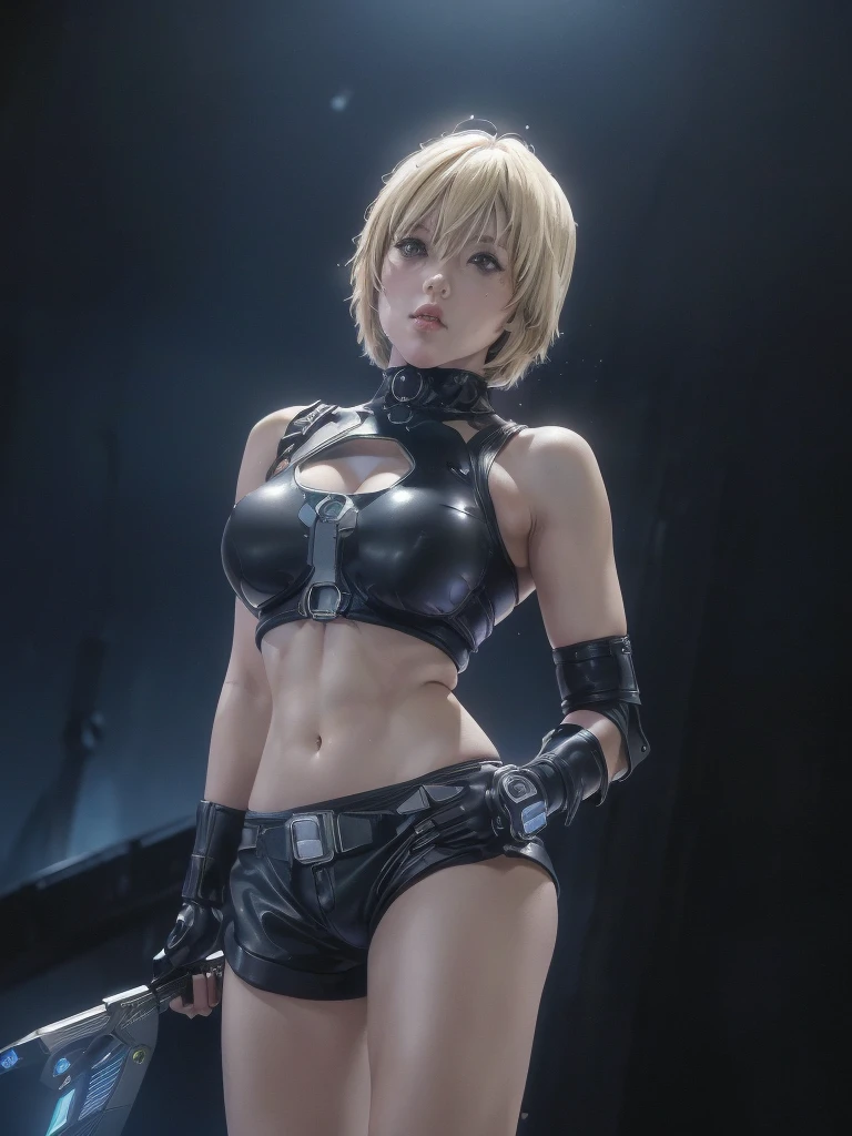 kurosaki mea、最high quality、high quality,, ((Masseter muscle area)), ((High resolution)), ((最high quality)), detailed, ((Glowing Skin)), ((huge 、Blonde、Short Bob))、(Black Bondage, Black shorts), Voluptuous bust, exposed navel, Bowl-shaped big breasts, (View from the front、Looking at the audience:1.5)、((background:futuristic facility:1.4))