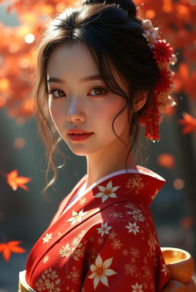 (masterpiece,Highest quality:1.4),(8k,RAW Photos,Photorealistic:1.4),Ultra-high resolution, ,(Glowing Skin:1.4),Detailed肌,Detailed顔,Detailed目,(Beautiful and shining eyes:1.2),Symmetrical eyes,Detailed耳,One person,Natural Makeup,(((Idol))),,Detailed背景,Vivid background,Beautiful and shiny hair,,((Average age breasts)),,(Detailed Sexy Japanese kimono with maple leaf pattern,,Maple leaves falling background,mysterious,whole body),,((Sharp Face)),Natural light,,(Very detailed ,,online shopping,LUMINE® Market,),real,,Professional,(Detailed,Location was great.),