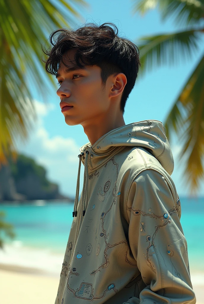 1 male youth , Java, medium body, Memtercenium, half body visible, with Bali beach background, original