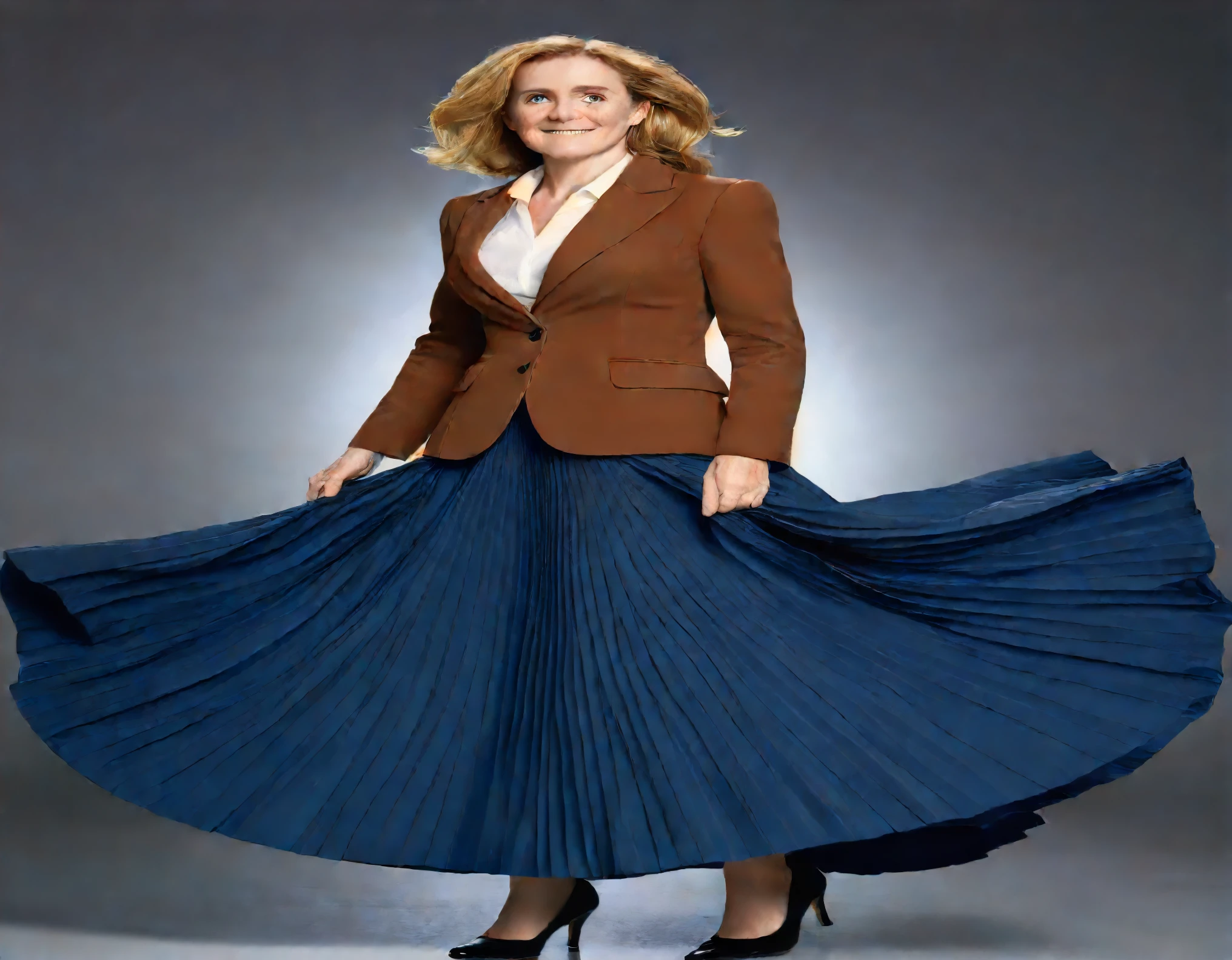 85mm photograph of Sarah Ferguson, a Shy, demure, mature, gentle, loving, comforting, smiling, Compassionate, kind, empathic, long haired, beautiful and attractive woman, smoothing her skirt, intensively seducing you to come under her skirt, intimately touching herself, wearing her (long pleated full circle skirt), uniform jacket and (woman's low heel office shoes), (pronounced (feminine) features), (very large breasts with hard nipples), (very windy), skirt is flowing wildly in the wind, inside spaceships, lesbian space station, ladies skirts, sci-fi, skirts in space, loves women wearing skirts, wants to kiss girls, adores skirts, women wearing skirts, empathy, compassion, romance and love, (pronounced (girly) features), (highly detailed ultra accurate realistic) hands and fingers, (windy), epic composition, highly detailed attributes, (35mm f1.4 Kodak portra 400 photograph), extremely high quality RAW photograph, highly detailed atmosphere, sci-fi, cinematic shot, dynamic lighting, 75mm, Technicolor, Panavision, cinemascope, sharp focus, fine details, 8k, HDR, realism, realistic, key visual, film still, superb cinematic color grading, depth of field 