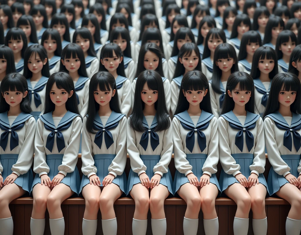 (Japanese Clone-girls=Myself), (Super Best masterpiece Clone-girls Raw Photography Art), (16K, Highest quality, Ultra-high resolution, RAW Photos), (It's so unrealistic., With unparalleled depiction, With an unfathomable sight, An unprecedented and shocking worldview, Clone-girls: In a world of mass reproduction, Ultra-realistic), (Japanese Girls, , Small face, Thick black hair, long hair, Dark Eyes, Mature face, Cute Smile, Smiling face, A gentle gaze, Very pleasant look), (Very beautiful detailed girls, Accurate body structure, Accurate body movements, Very detailed body, (Super big breasts, Large bulge of ample breasts)), ((Schoolgirl uniform, Short sleeve, mini skirt, Emphasise the fullness of your breasts)), (Very detailed, Myself cloning, Depiction of splitting oneself, 1Myself girl→1,000,000,000,000,000,000,000,000,000,000Myself cloning girls), (Myself clone girlsは, With the same perfect appearance without any difference, to multiply in large numbers), (Very detailed depiction, Myself's multiplying female body, In the same female body,With the same face, With the same hairstyle, In the same clothes, At the same height, 同じSuper big breastsで, The same female body that is completely indistinguishable, 1,000,000,000,000,000,000,000,000,000,000 people), (Myself girls only), (Academy, academic level, Commemorative photo depiction, Tiered stage photography, Happy smile, Front view)