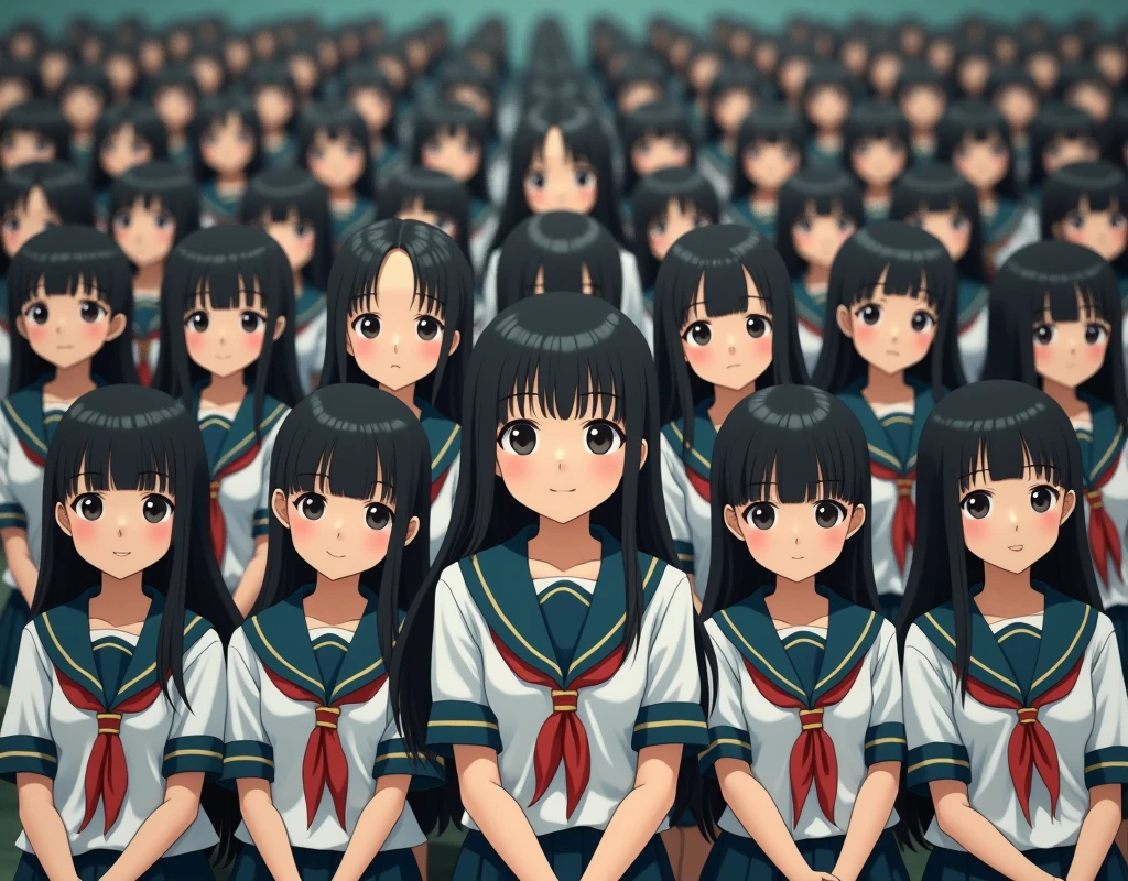 (Japanese Clone-girls=Myself), (Super Best masterpiece Clone-girls Raw Photography Art), (16K, Highest quality, Ultra-high resolution, RAW Photos), (It's so unrealistic., With unparalleled depiction, With an unfathomable sight, An unprecedented and shocking worldview, Clone-girls: In a world of mass reproduction, Ultra-realistic), (Japanese Girls, 16yo, Small face, Thick black hair, long hair, Dark Eyes, Mature face, Cute Smile, Smiling face, A gentle gaze, Very pleasant look), (Very beautiful detailed girls, Accurate body structure, Accurate body movements, Very detailed body, (Super big breasts, Large bulge of ample breasts)), ((Schoolgirl uniform, Short sleeve, mini skirt, Emphasise the fullness of your breasts)), (Very detailed, Myself cloning, Depiction of splitting oneself, 1Myself girl→1,000,000,000,000,000,000,000,000,000,000Myself cloning girls), (Myself clone girlsは, With the same perfect appearance without any difference, to multiply in large numbers), (Very detailed depiction, Myself's multiplying female body, In the same female body,With the same face, With the same hairstyle, In the same clothes, At the same height, 同じSuper big breastsで, The same female body that is completely indistinguishable, 1,000,000,000,000,000,000,000,000,000,000 people), (Myself girls only), (Academy, academic level, Commemorative photo depiction, Tiered stage photography, Happy smile, Front view)