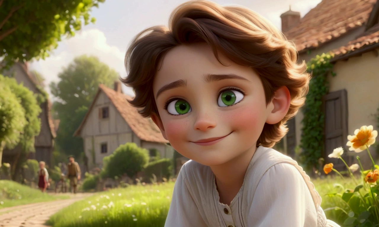 a beautiful smiling dreaming young boy, with her family, beatiful european face, green eyes, white skin, long skirt, Pixar style.