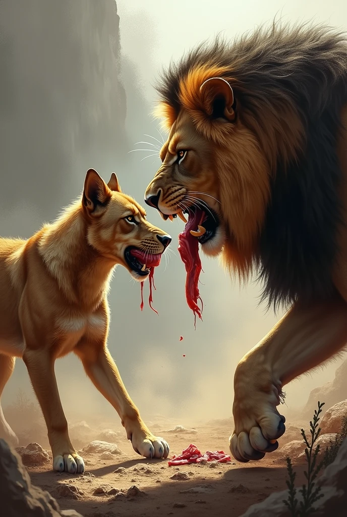 A piece of meat in the dog's mouth and a lion with it