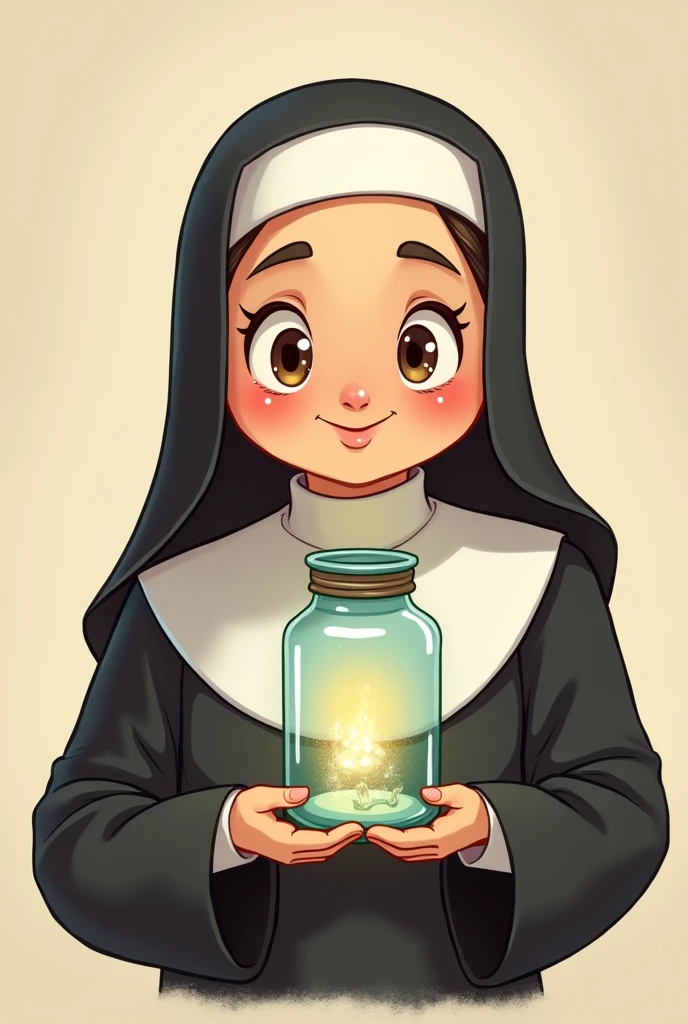 a cartoon of a nun holding a jar