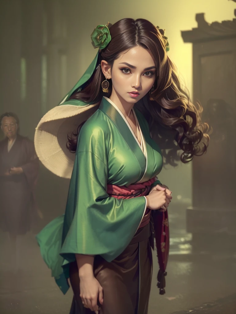 1girl, female, solo, humam, ((pale skin, dark brown hair, long curly hair)), Woman, jewelery, ears pierced, brown eyes, makeup, ((master piece, best quality)), (face detailed), face focus, portrait, fully body, (kimono:1.2), wearing green kimono, long flowing kimono, natural breasts, medium breasts