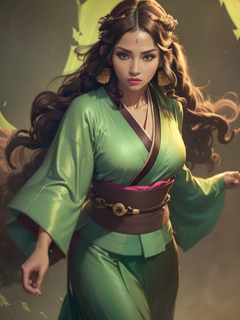 1girl, female, solo, humam, ((pale skin, dark brown hair, long curly hair)), Woman, jewelery, ears pierced, brown eyes, makeup, ((master piece, best quality)), (face detailed), face focus, portrait, fully body, (kimono:1.2), wearing green kimono, long flowing kimono, natural breasts, medium breasts