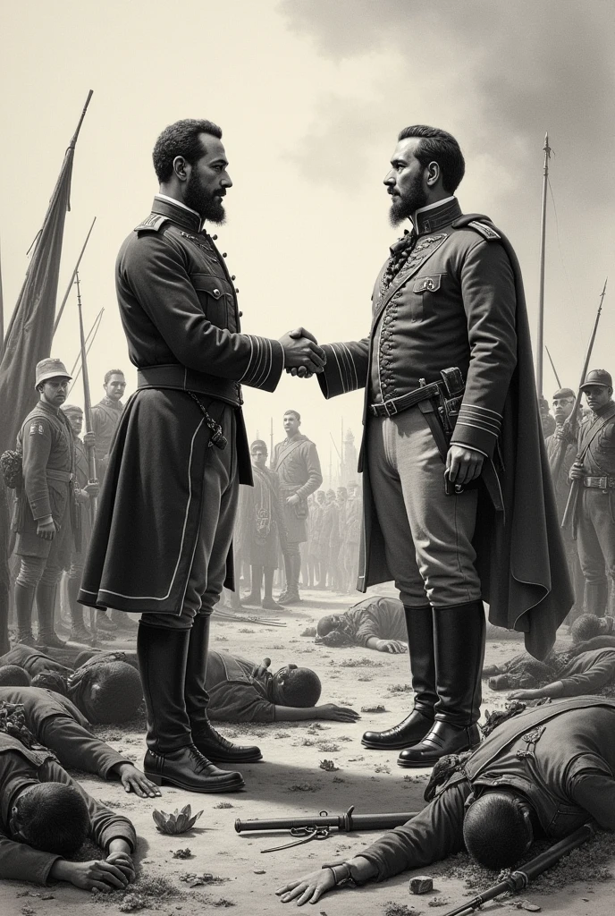 Drawing of Bolivar and Santander shaking hands with dead Spaniards around