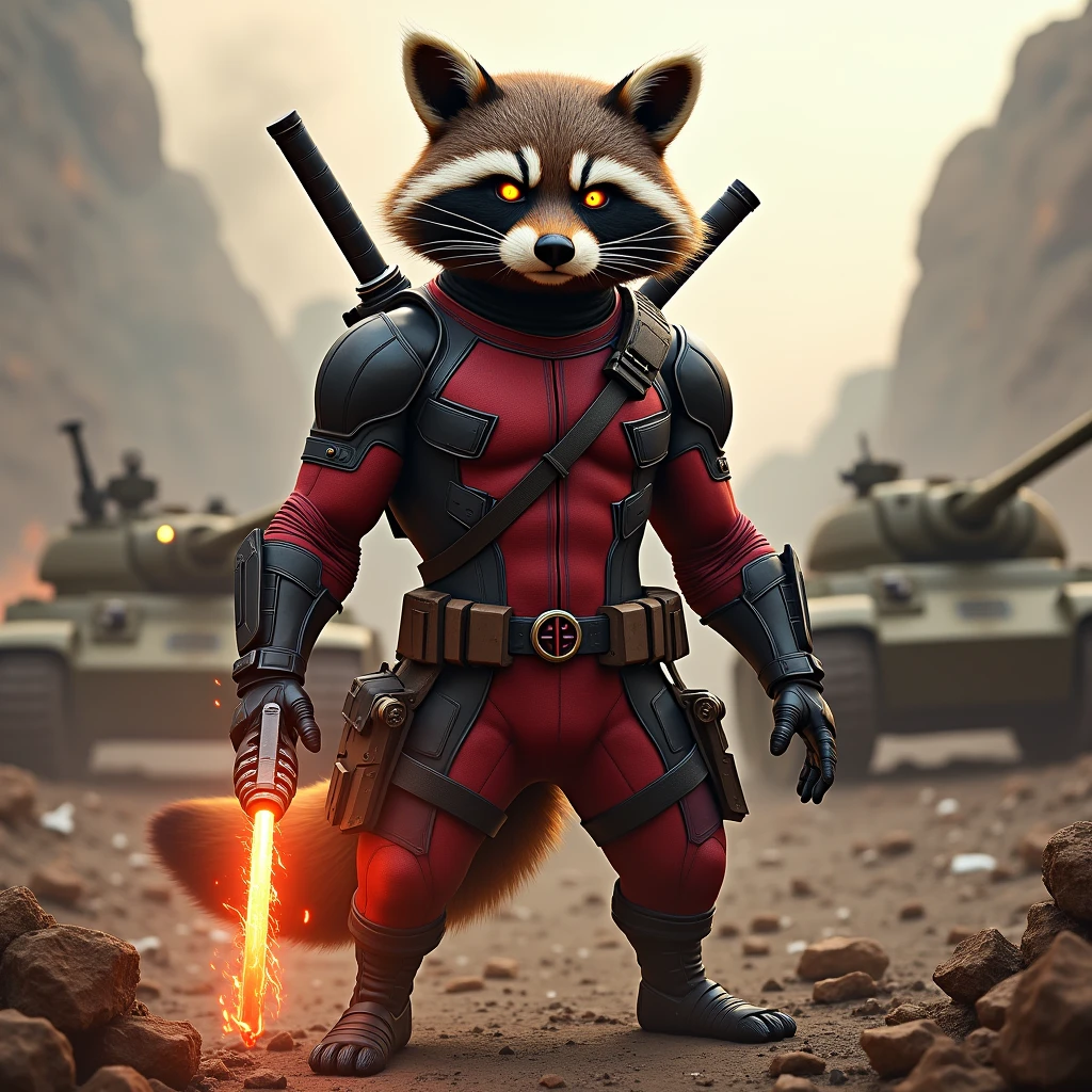 a strong raccoon with flaming eyes wearing a deadpool uniform in a war zone with tanks in the background holding a powerful weapon exuding a victorious aura