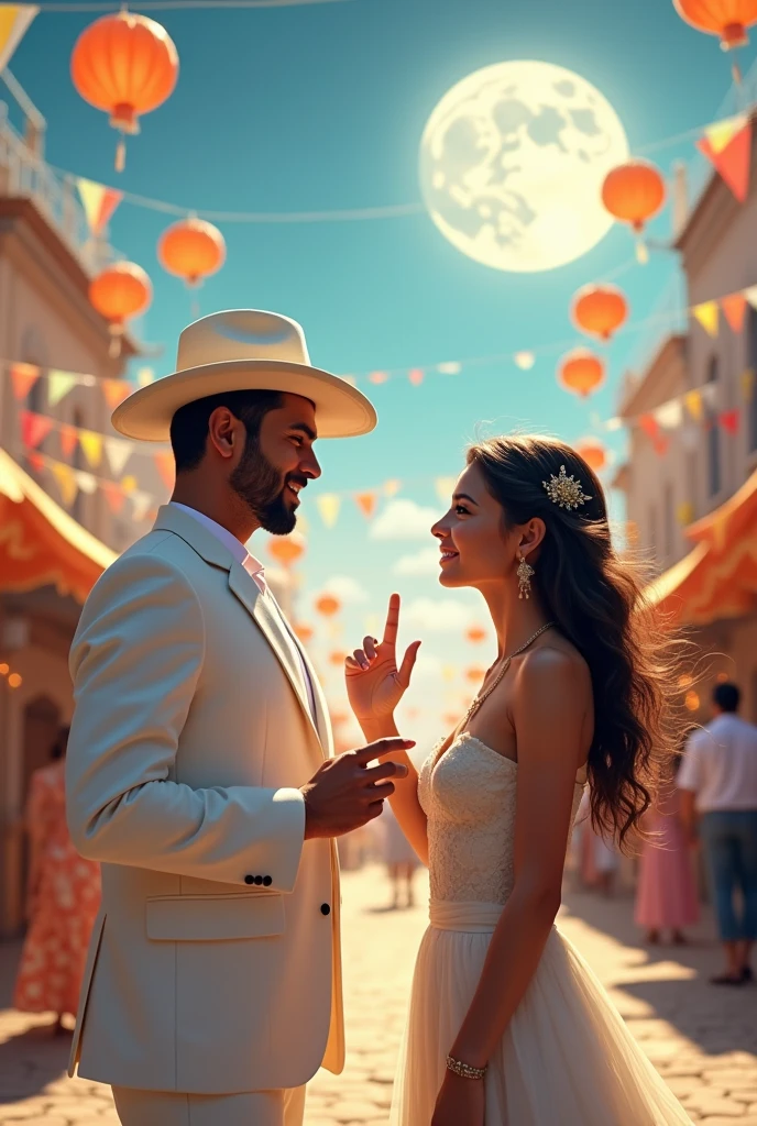 handsome indigenous man with short hair and a short beard, in a white suit and white hat SIGNALING WITH HIS HANDS to a beautiful woman in a dress. The scene is set in a square decorated with flags for the June festival on a full moon night.
