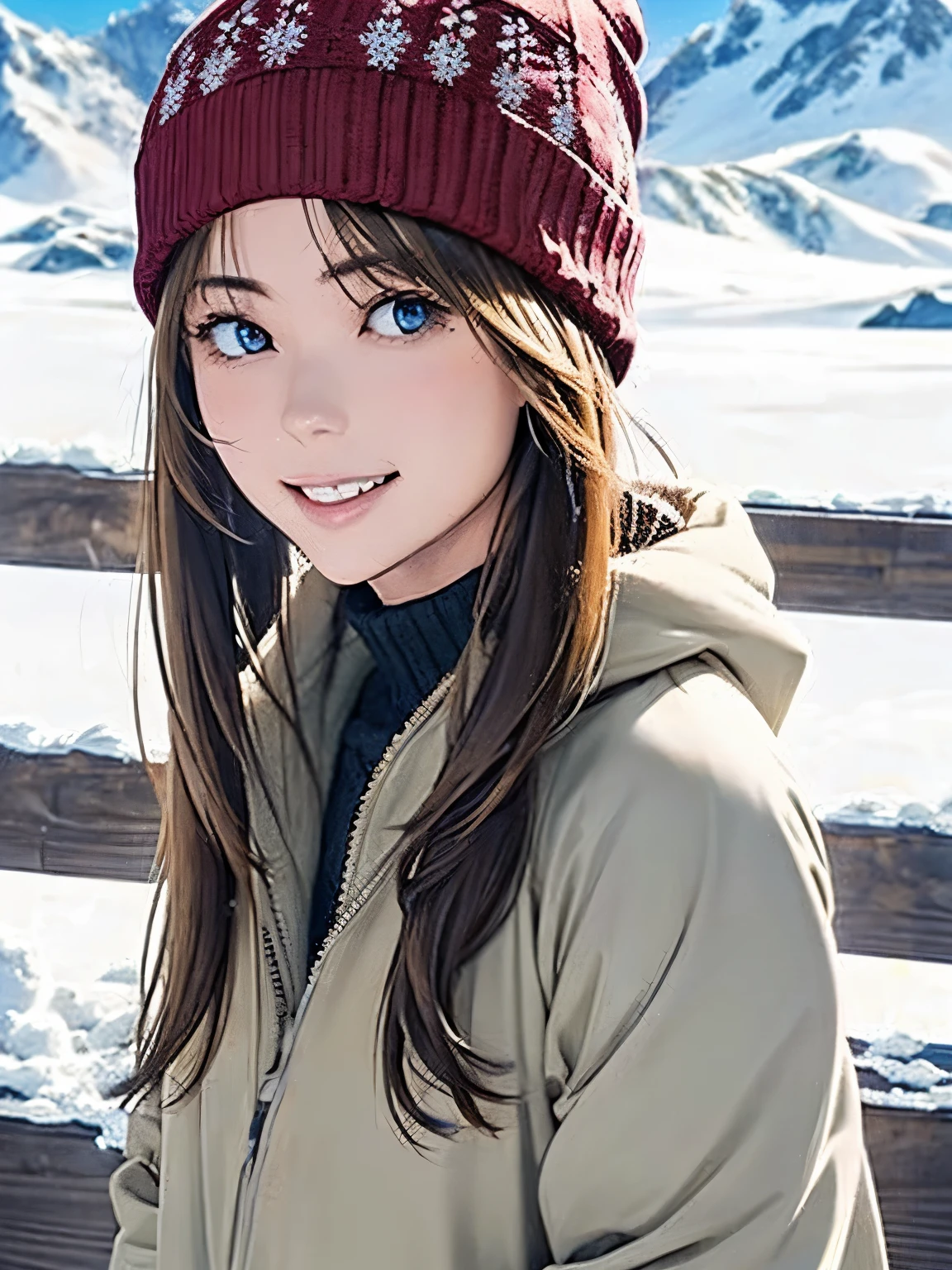 High resolution, 8k, Highest quality, detailed, Semi-realistic anime, Anime 3D Style, Smooth anime CG, One Girl, A 20-year-old Japanese woman, slim, Modeled, Shiny brown hair, detailedな顔, Beautiful and detailed, Glowing Skin, Hard Focus、Film Grain, Soft lighting, Looking at the audience, Laughter, (Winter mountain style with a warm down jacket and knitted hat), A magnificent mountain range covered in pure white snow