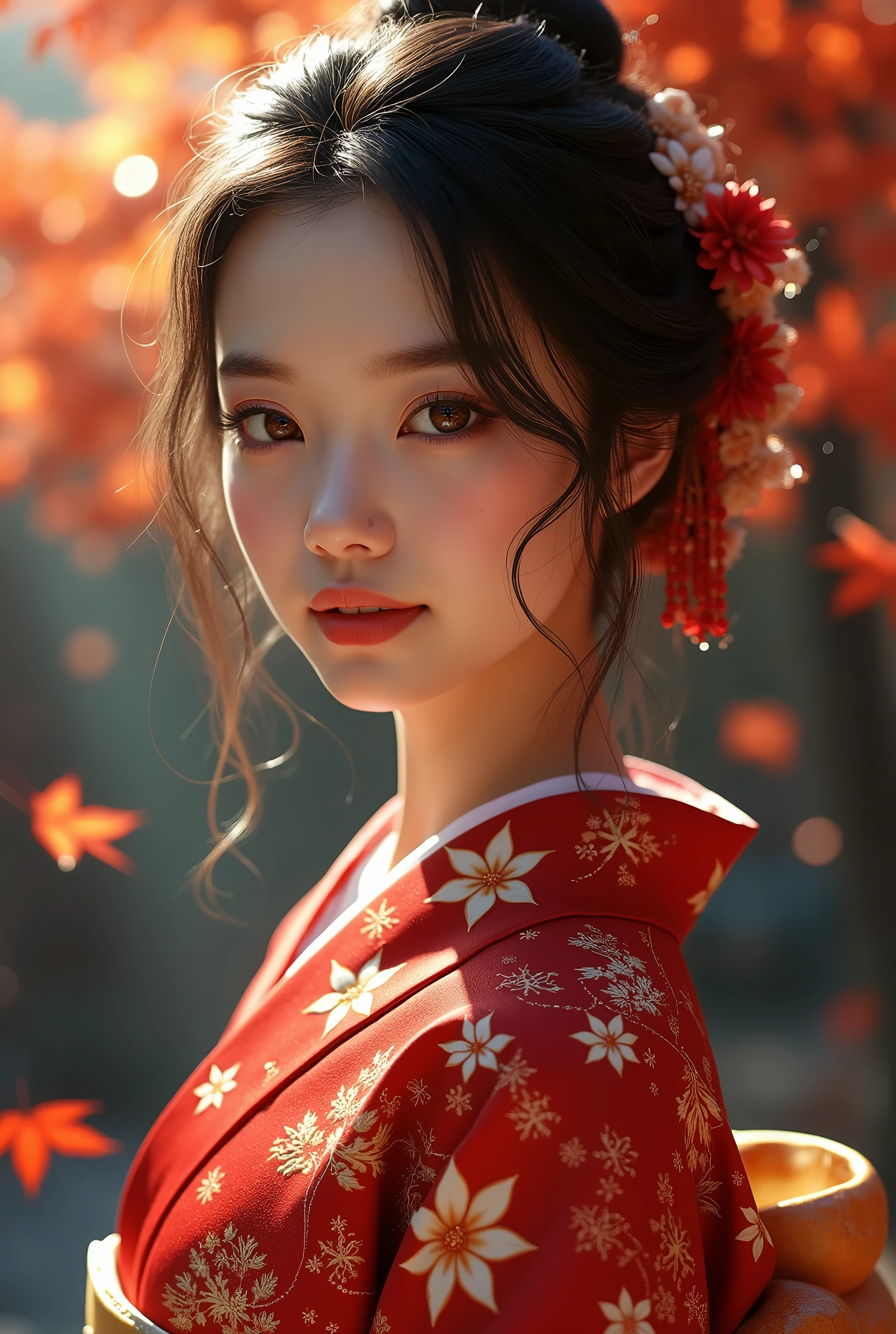 (masterpiece,Highest quality:1.4),(8k,RAW Photos,Photorealistic:1.4),Ultra-high resolution, ,(Glowing Skin:1.4),Detailed肌,Detailed顔,Detailed目,(Beautiful and shining eyes:1.2),Symmetrical eyes,Detailed耳,One person,Natural Makeup,(((Idol))),,Detailed背景,Vivid background,Beautiful and shiny hair,,((Average teenage breasts)),,(Detailed Sexy Japanese kimono with maple leaf pattern,,Maple leaves falling background,mysterious,whole body),,((Sharp Face)),Natural light,,(Very detailed ,,online shopping,LUMINE® Market,),real,,Professional,(Detailed,Location was great.),