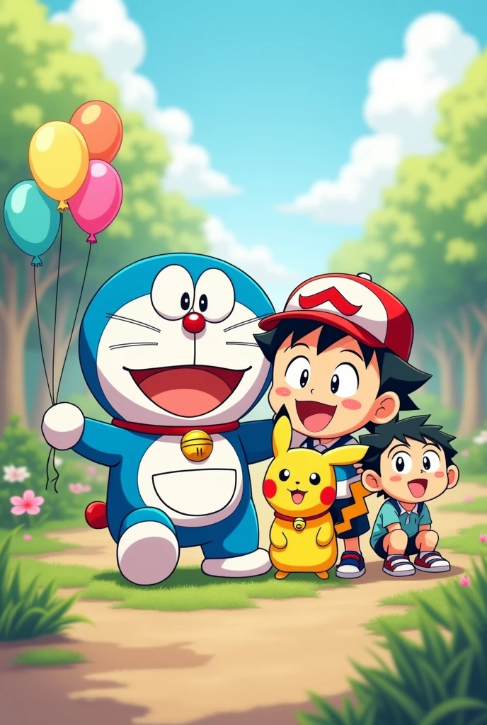 Doremon Nobita schinchan Ash Pikachu cute and pookie photo together.